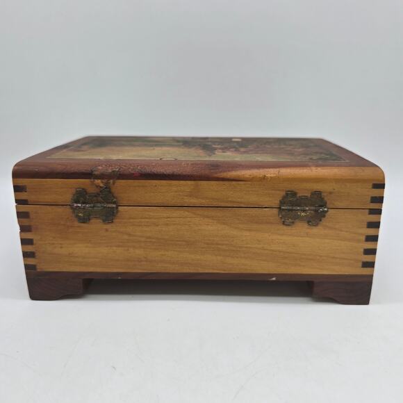Vintage Wood Jewelry Trinket Box with Hinged Cottage Scene Lid Brown - Picture 5 of 10